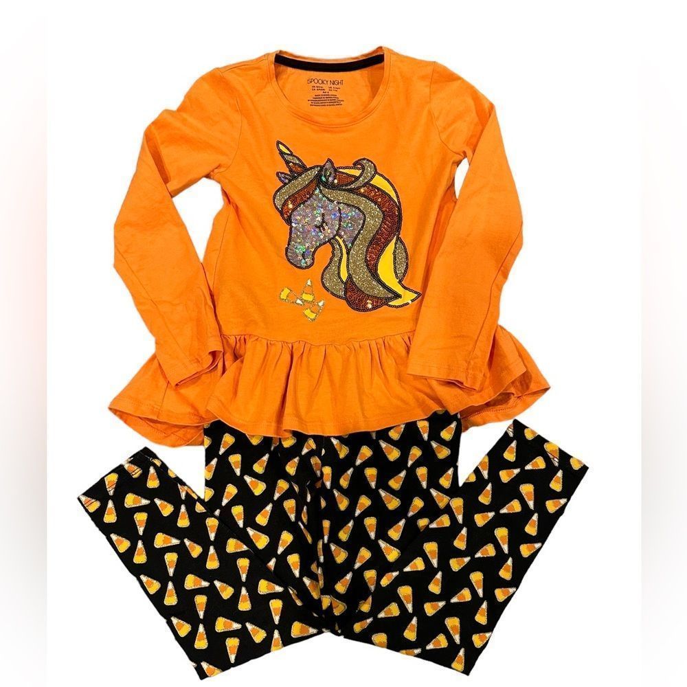 Spooky Night Orange and Black Candy Corn and Unicorn Halloween Outfit